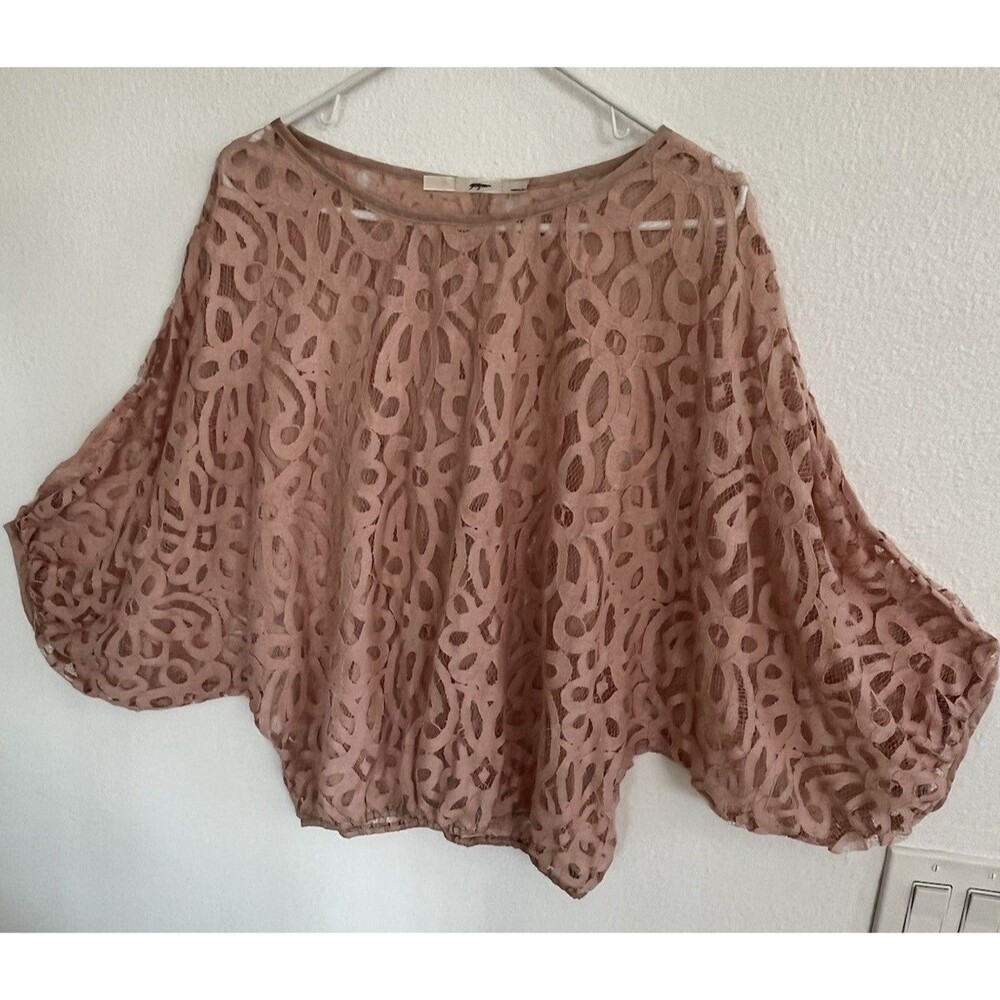Gibson Pink Sheer Lace Dolman Sleeve Bubble Elastic Hem Blouse Sz XS Whimsical